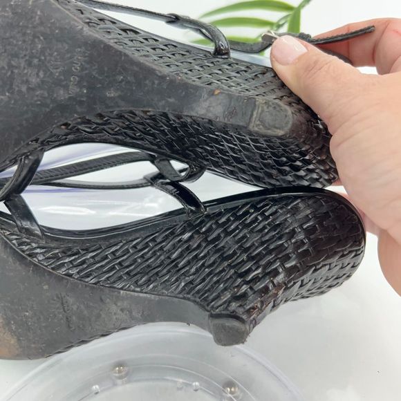 Prada Sandals Women's Size 41 11 Black Leather Wedge Woven Slingback Vintage Y2K - Picture 12 of 15